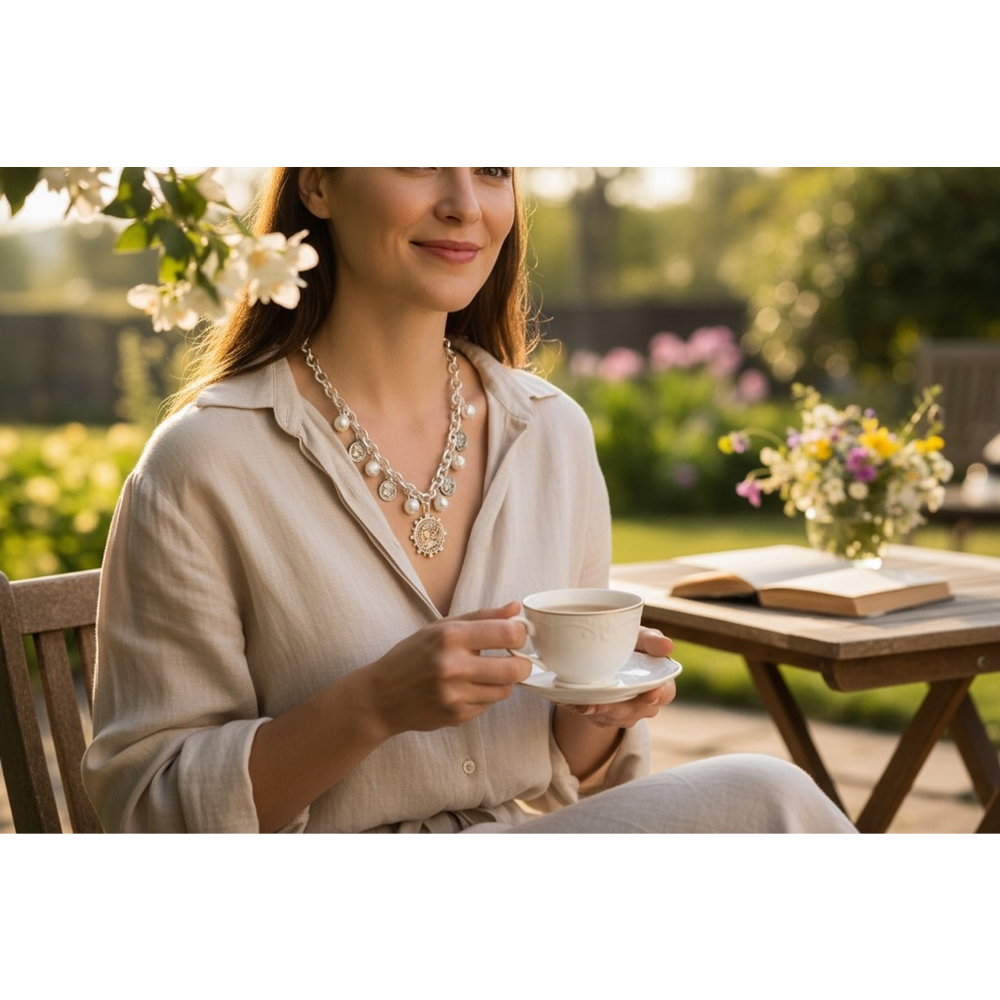 Caroline Hill Victorian Pearl Charm Necklace NWT